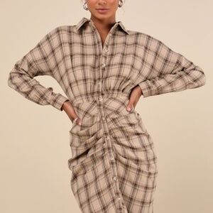 Lulus Seasonal Spirit Taupe Plaid Ruched Long Sleeve Midi Dress - Size XXL